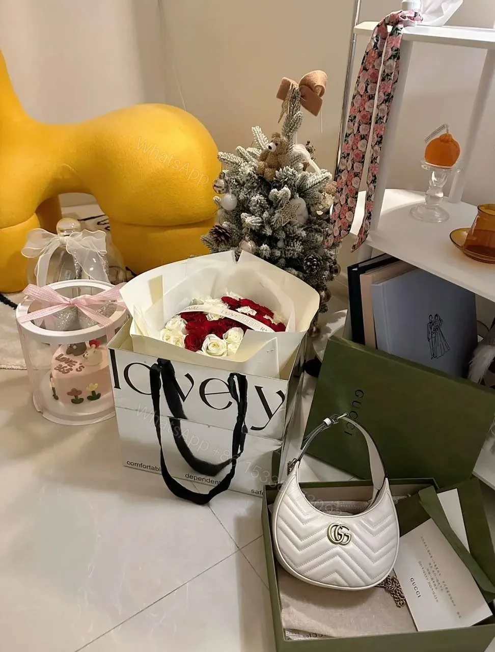 View 2 of Gucci GG Marmont Half Moon Luxury Handbag White 24cm