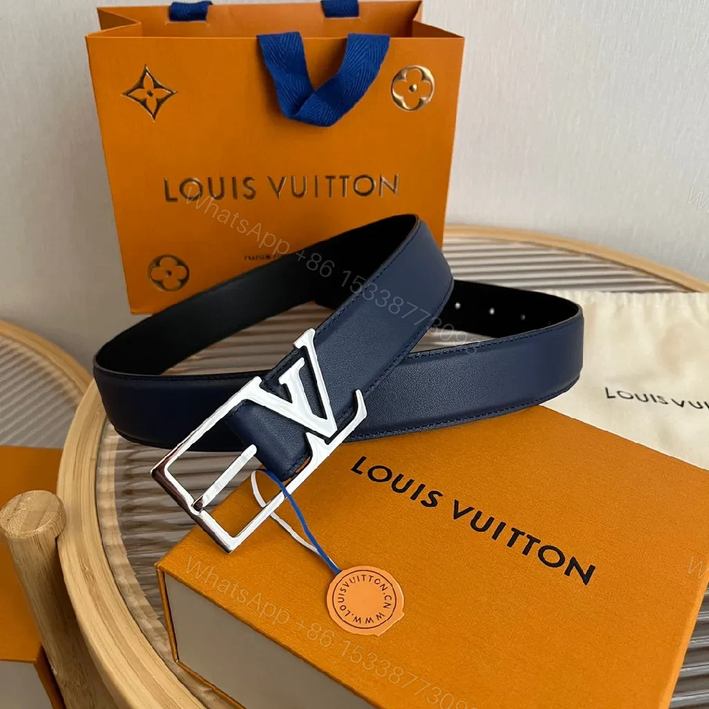 View 4 of Blue Leather Belt with LV Buckle – Modern, All-Day Polish
