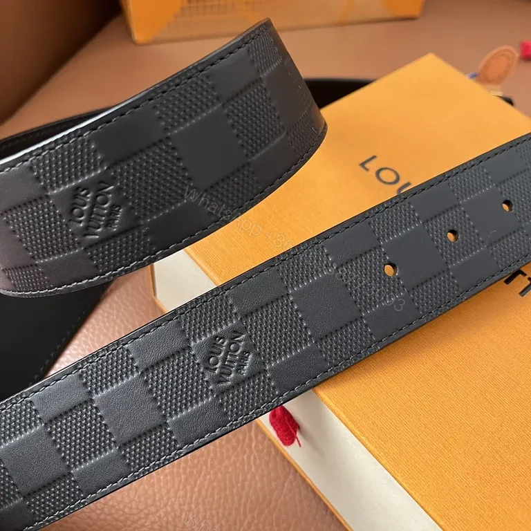 View 4 of Checkerboard LV Belt: Signature Emblem Leather-Style Accessory
