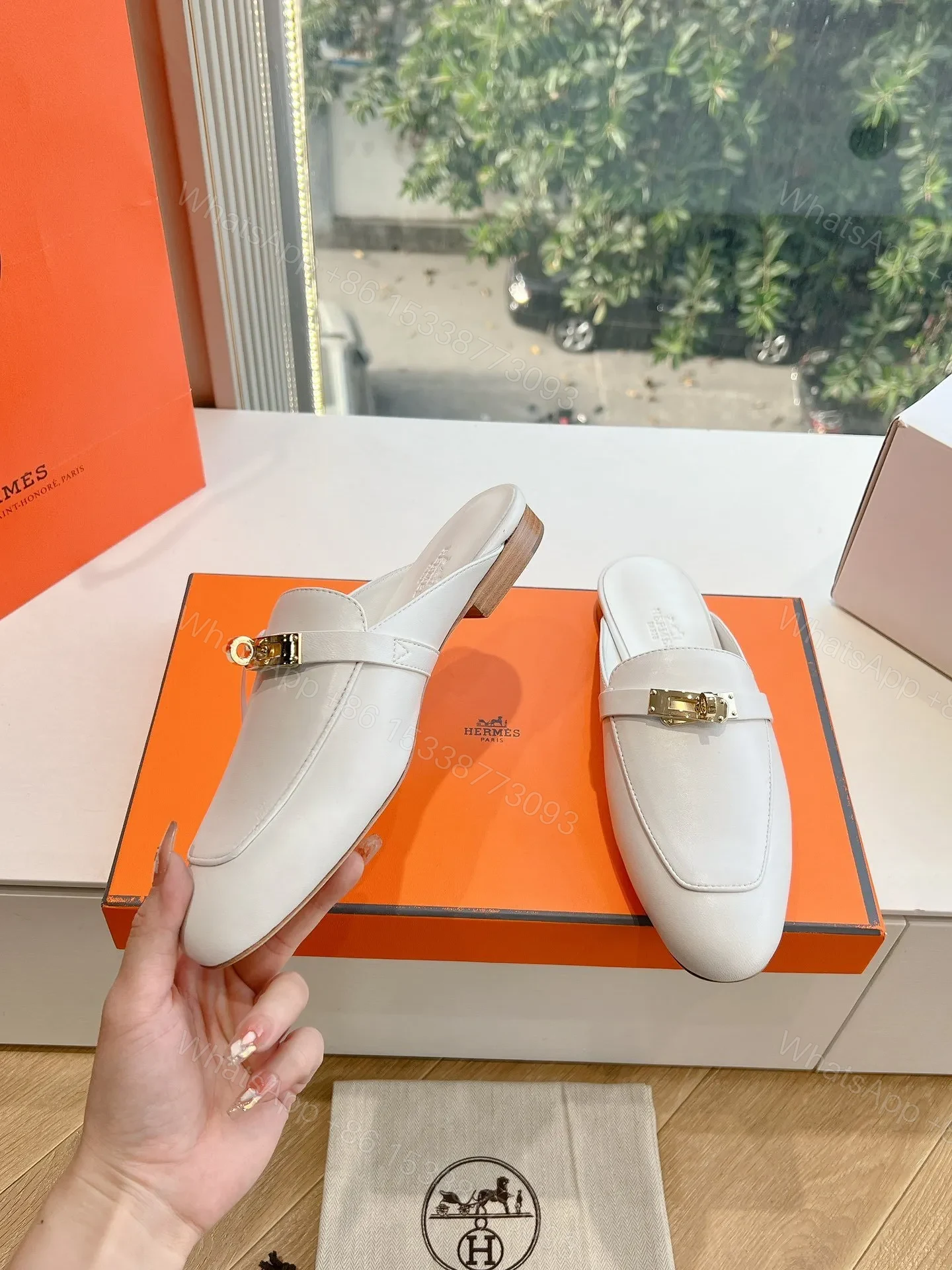 View 6 of Hermes Women White Leather Mules