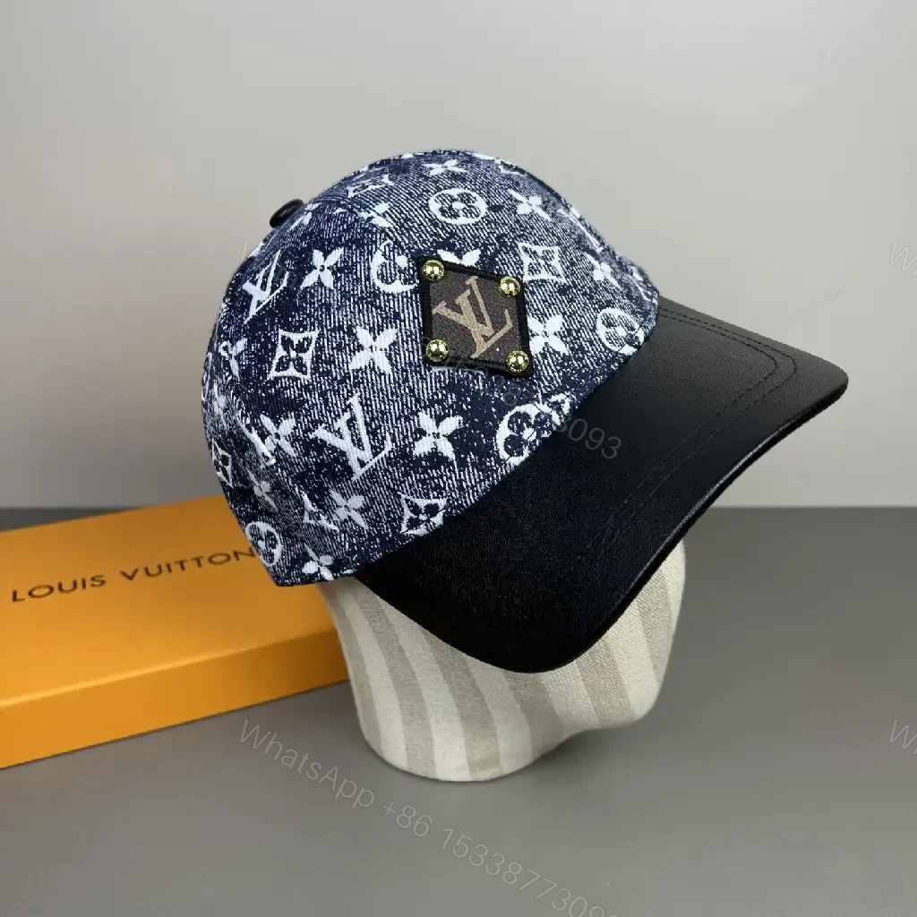 View 3 of Denim Monogram Cap with Leather Visor – Luxe Everyday Style