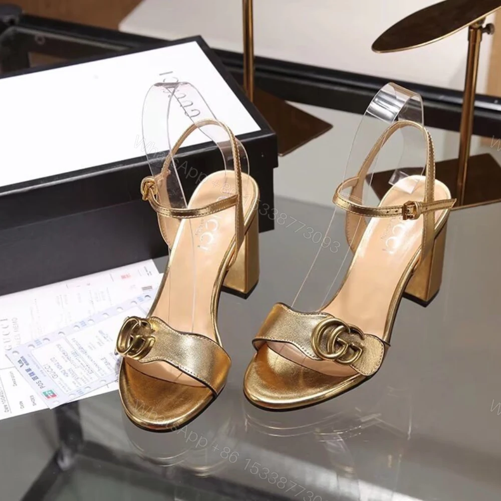View 2 of Gucci Gold Metallic Laminate Mid Heel Sandal 453379