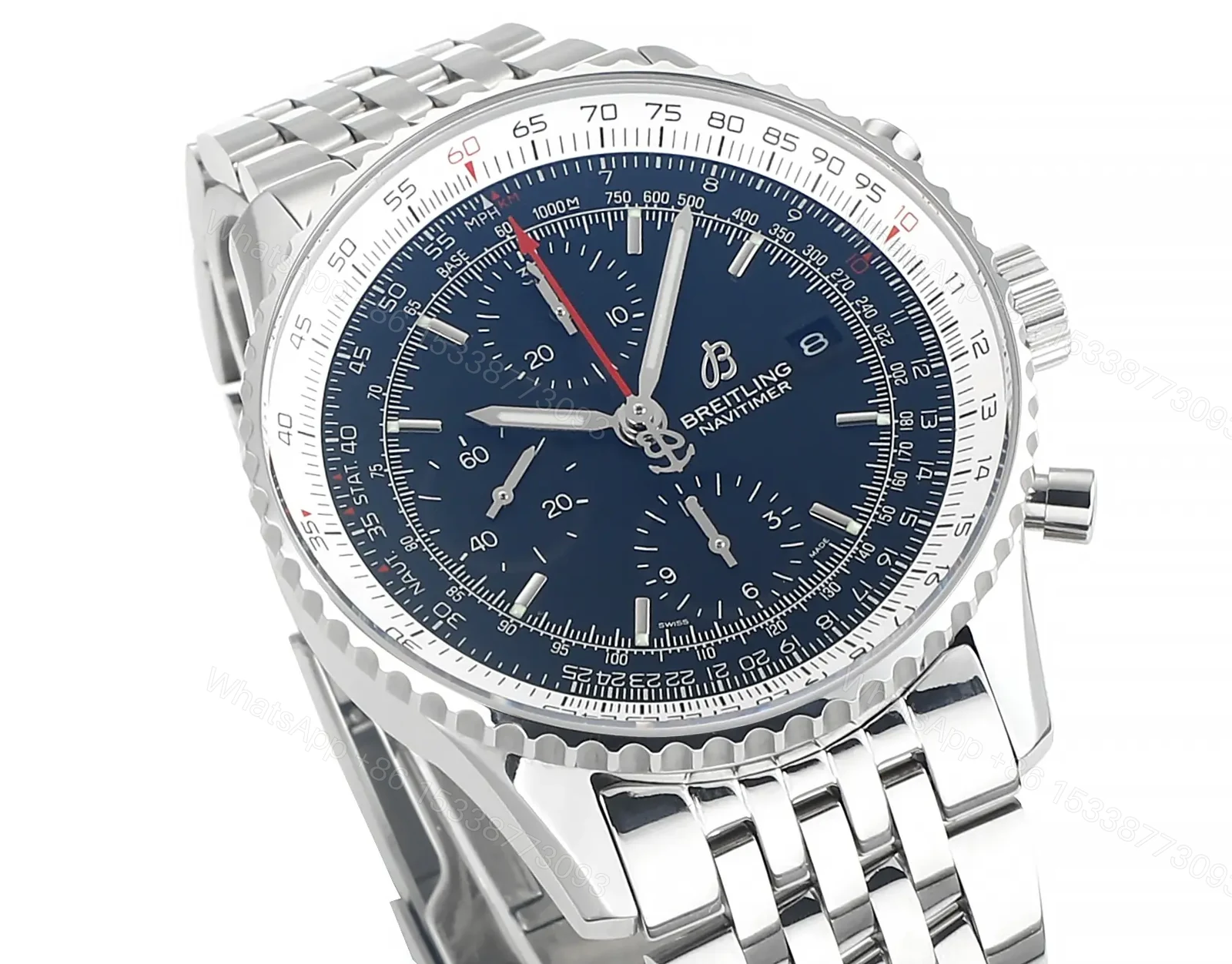 View 3 of OM Factory Breitling Navitimer Chronograph Watch – 43mm, Stainless Steel, Blue Dial, Pilot Style