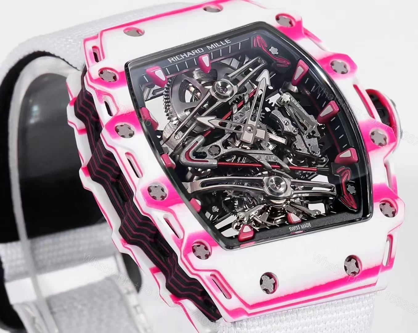 View 3 of Richard Mille RM38-02 Tourbillon Bubba Watson Watch White Strap Pink Quartz Carbon Fiber Skeleton Dial Golf Inspired Manual Winding Movement RM38-02-BW-WSP-PINK