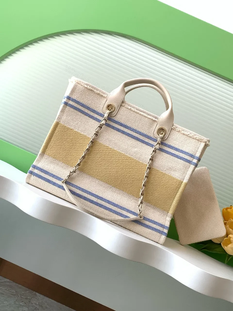 View 8 of Linen Tote: Structured Luxury with Subtle Stripe Accent