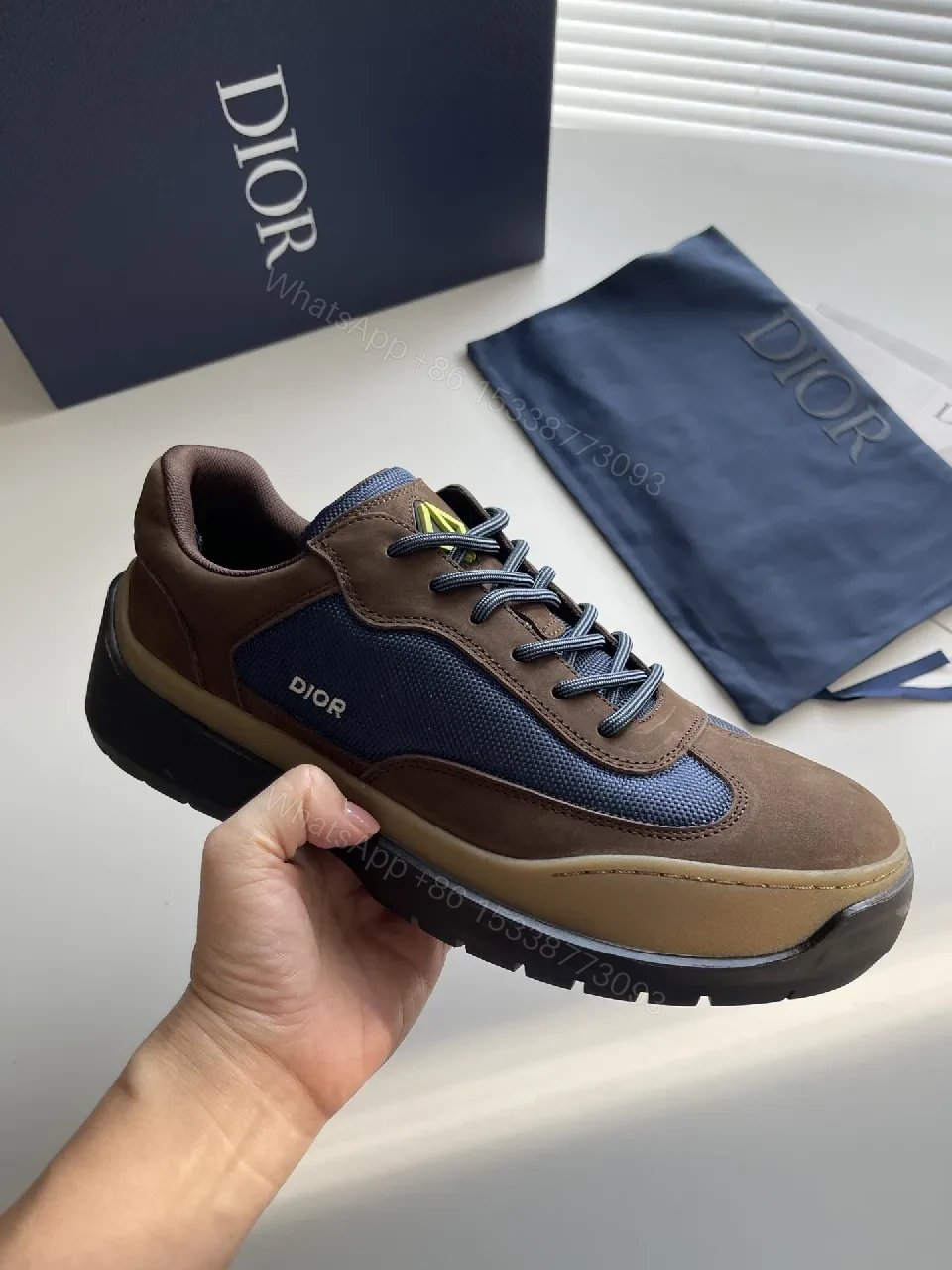 View 3 of Brown Suede & Navy Mesh High-Tops: Modern Contrast Sneakers