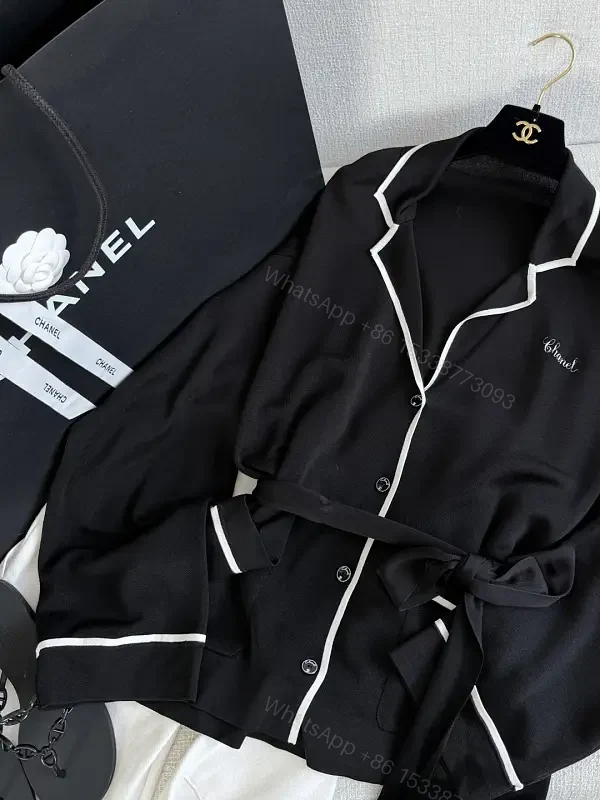 Black Belted Robe-Style Cardigan with White Piping, Front Placket, Cuffs, Hem, Button Closure, Chanel-Inspired — view 1