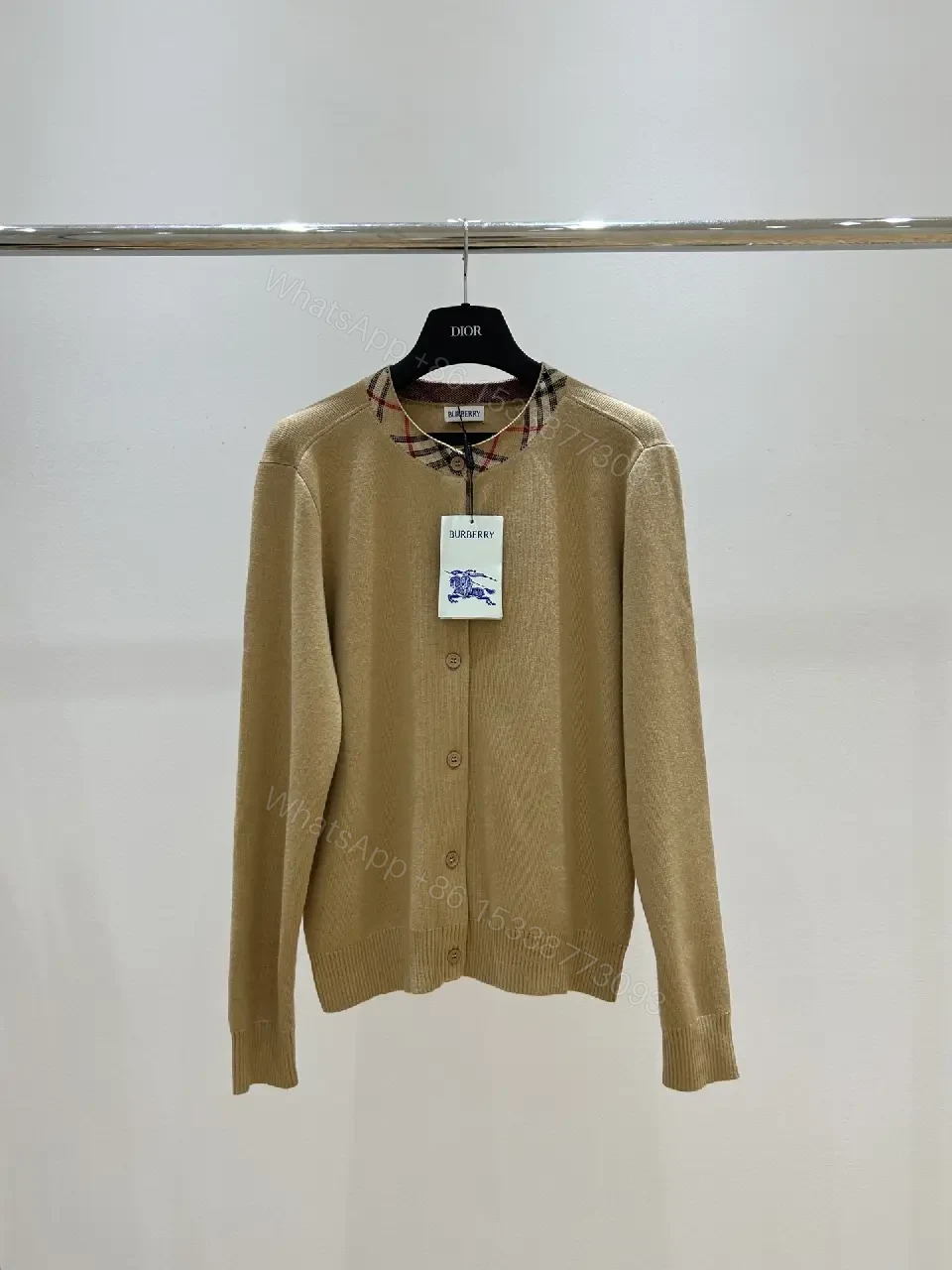 View 2 of Warm Camel Merino Knit Cardigan with Luxe Interior Check