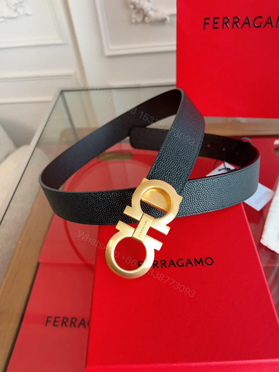 View 5 of Statement Leather Belt with Gold Buckle - Classic Black Leather Belt