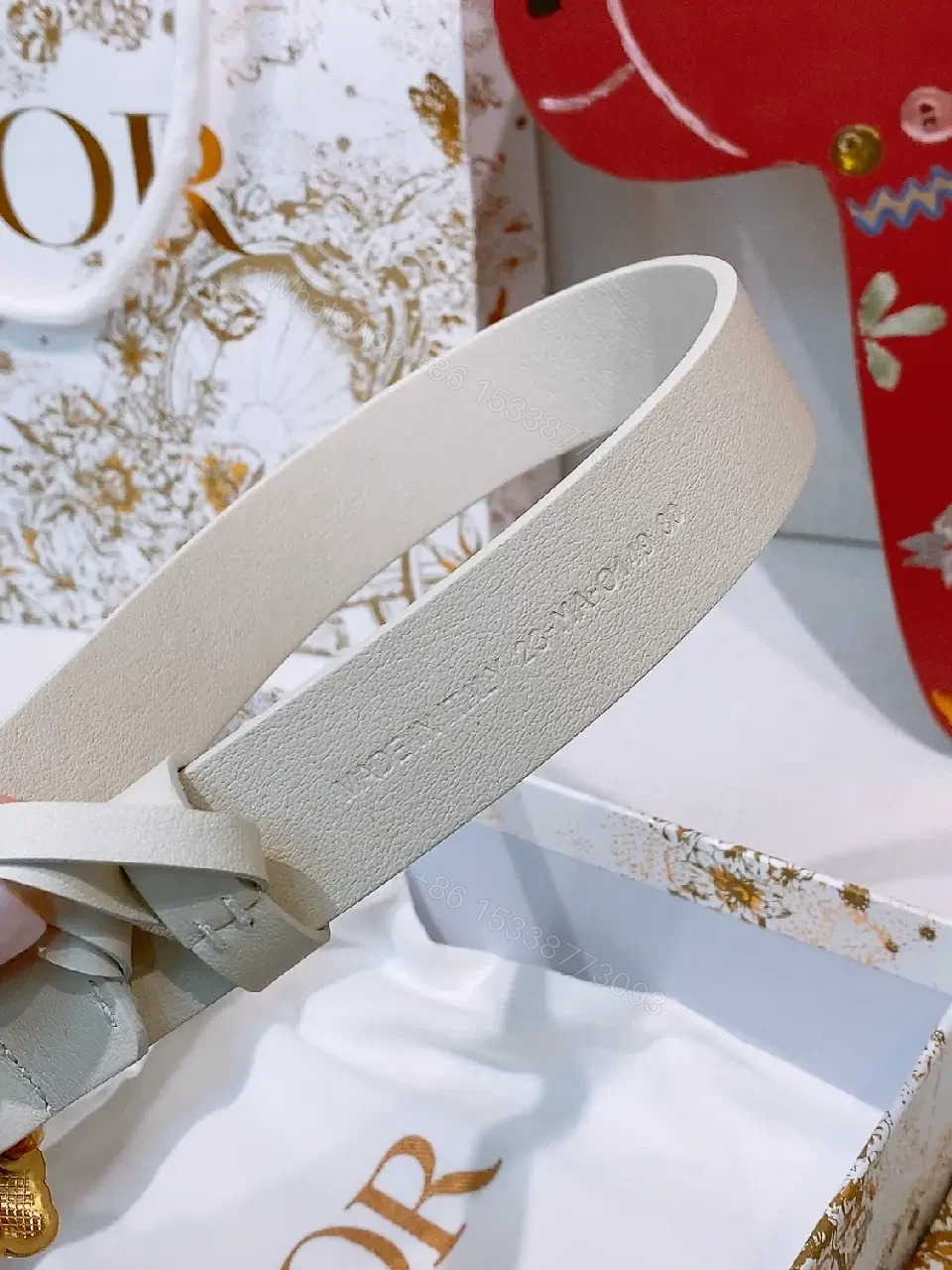 View 6 of White Leather Belt with Gold Button – Luxe Minimalist Style