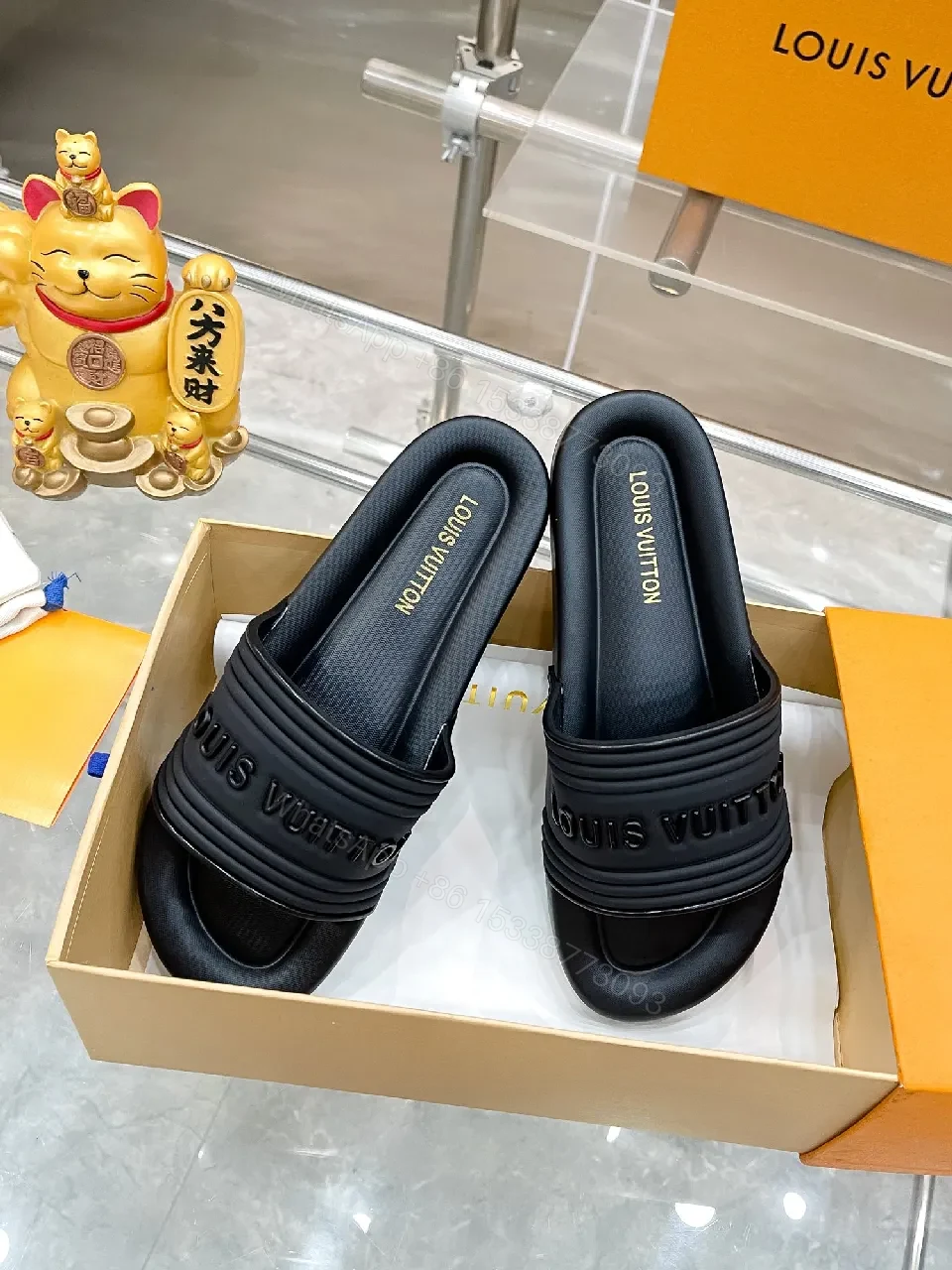View 6 of Premium Black Slides with Striped Strap — Effortless Comfort