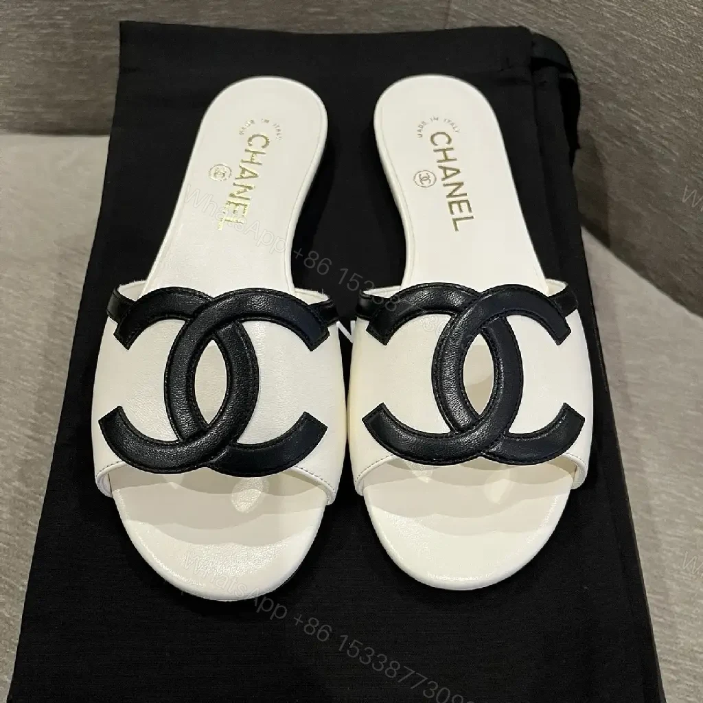 View 5 of Beige Leather Slides Black Logo Chanel Style Sandals