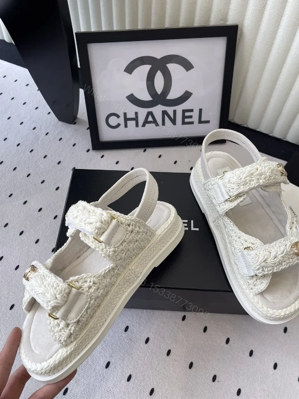 View 3 of Ivory Knit Sandals with Gold Logo - Couture-Style Comfort
