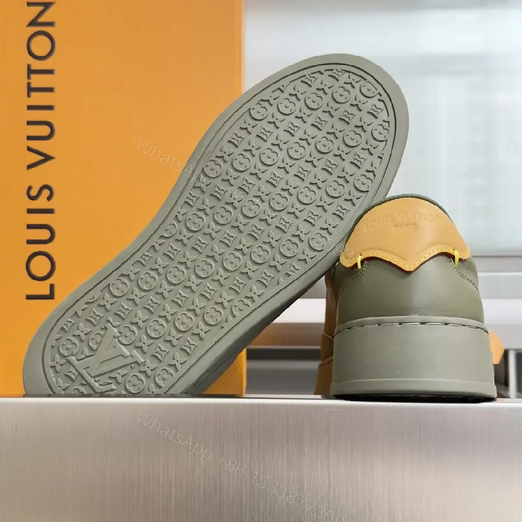 View 4 of Green Leather Sneaker, Platform Sole, Louis Vuitton Style, Monogram Accents, Casual Shoes