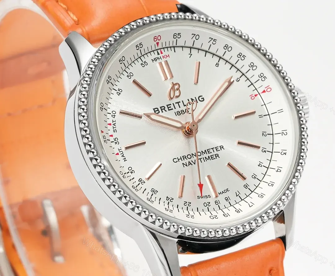 View 5 of V9 Factory Breitling Women’s Navitimer Automatic Watch – Silver Dial, Orange Leather Strap, 35mm Stainless Steel Case