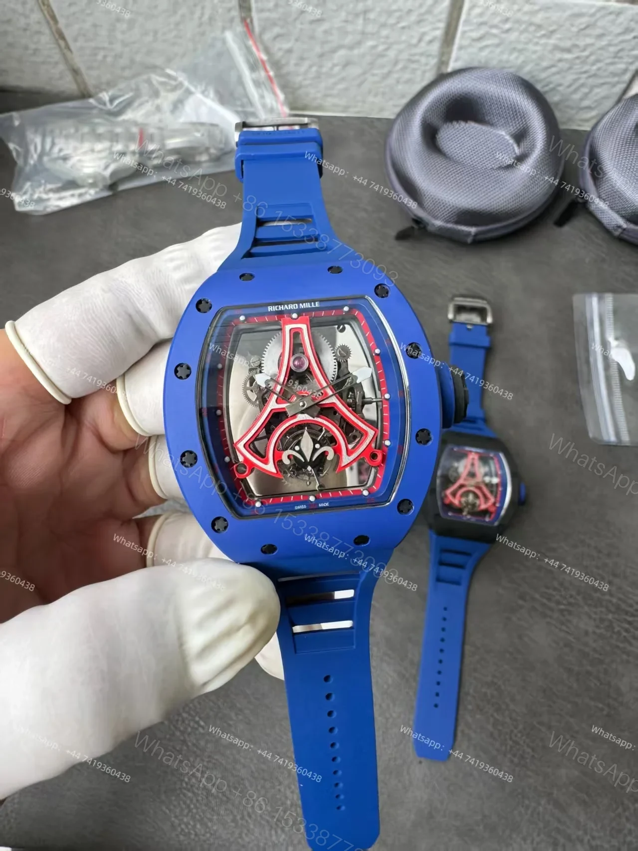View 2 of Super Clone Richard Mille RM52-03 Blue Ceramic Paris Saint-Germain Skeleton Tourbillon 1:1 Replica Watch