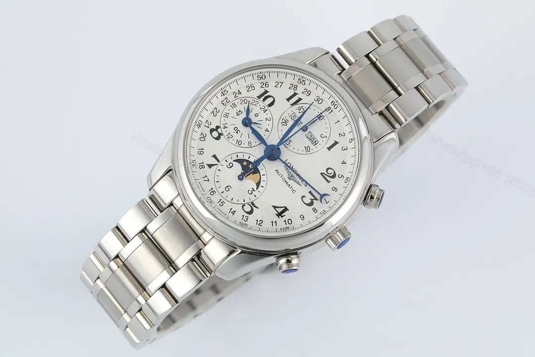 View 3 of Longines Master Collection Moonphase Eight Hand V4 Watch Silver Stainless Steel White Dial Blue Sub dials