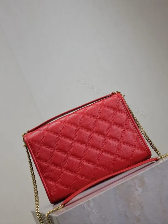 View 5 of Radiant Red Quilted Leather Crossbody Bag with Gold Emblem