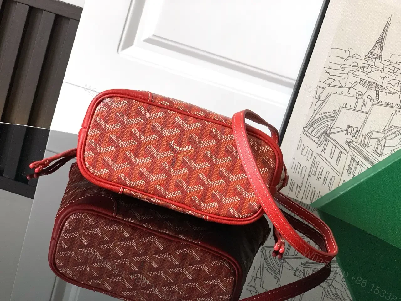 View 7 of Compact Luxury Handbag: Red Leather Trim, Iconic Pattern
