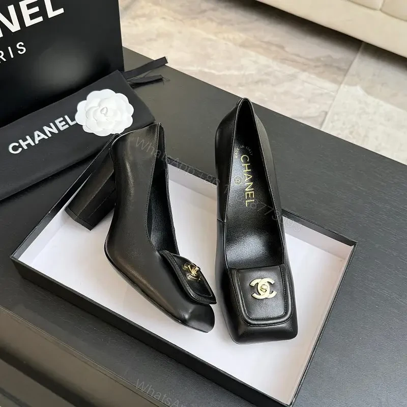 Black Leather Heels with Iconic Hardware Emblem, Square-Toe, Block Heel — view 1