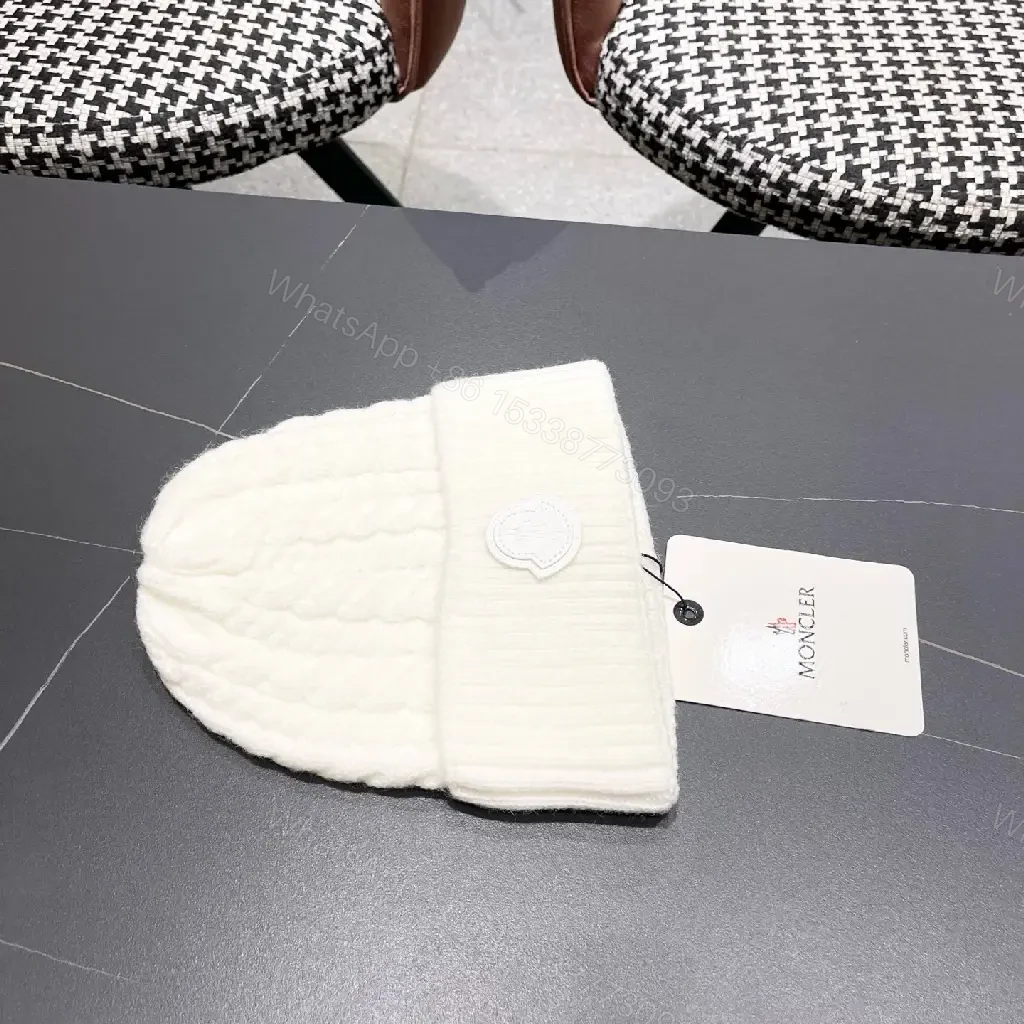 View 7 of White Knit Beanie: Premium Ribbed Cuff, Luxury Badge, Warmth