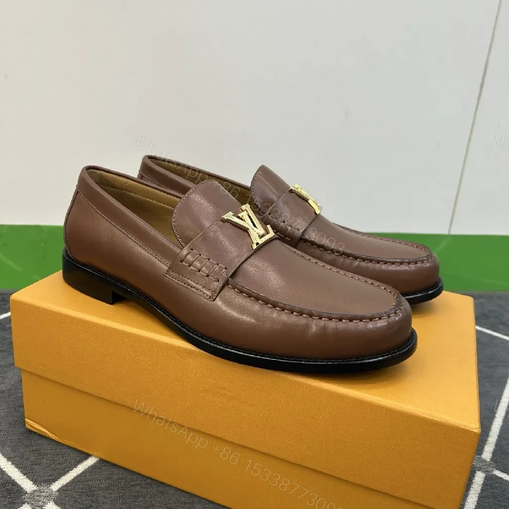 View 4 of Brown Leather Loafers with Gold Emblem: Luxury Everyday Comfort