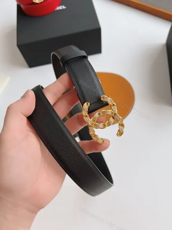 View 3 of Chanel-Style Leather Belt with Gold Logo Clasp