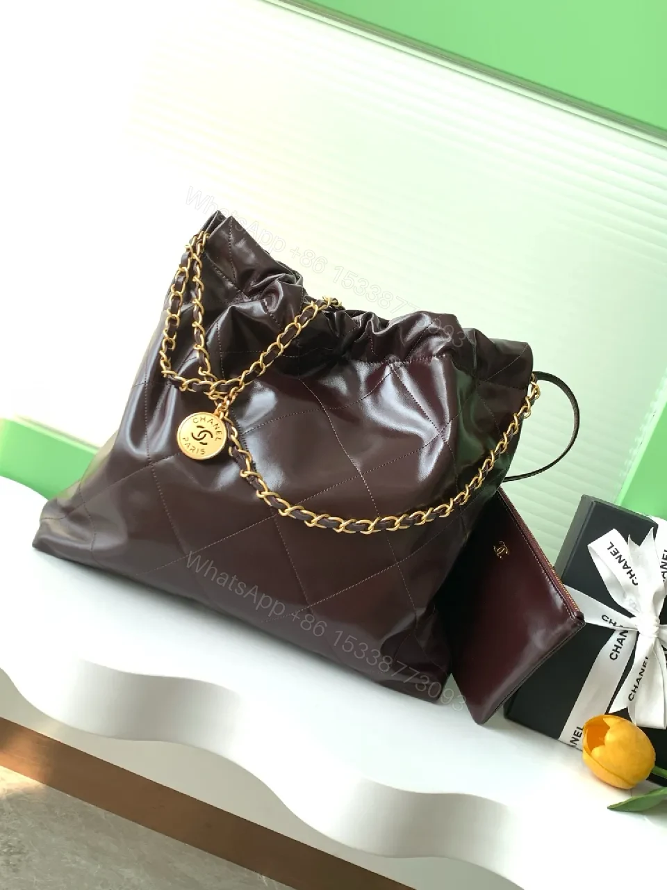 View 5 of Dark-Chocolate Quilted Tote with Gold Chain Bag