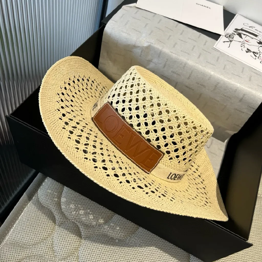 View 9 of Lux Straw Hat with LOEWE Band, Breathable Open-Weave Style