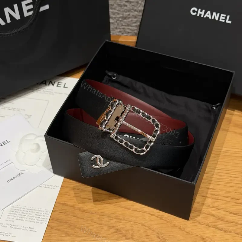 Black Leather Belt - Silver Buckle, Chain-Link, Chanel-Style Logo — view 1
