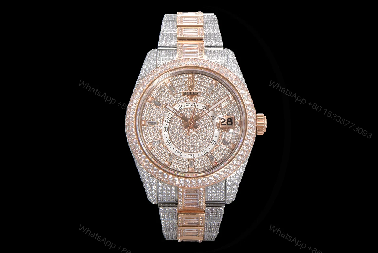 Rolex Sky-Dweller Rose Gold Diamond Replica 42MM Exclusive Full Pavé Two-Tone Bracelet RG-ROLEX-SKYDWELLER-ROSEGOLD-42 — view 1