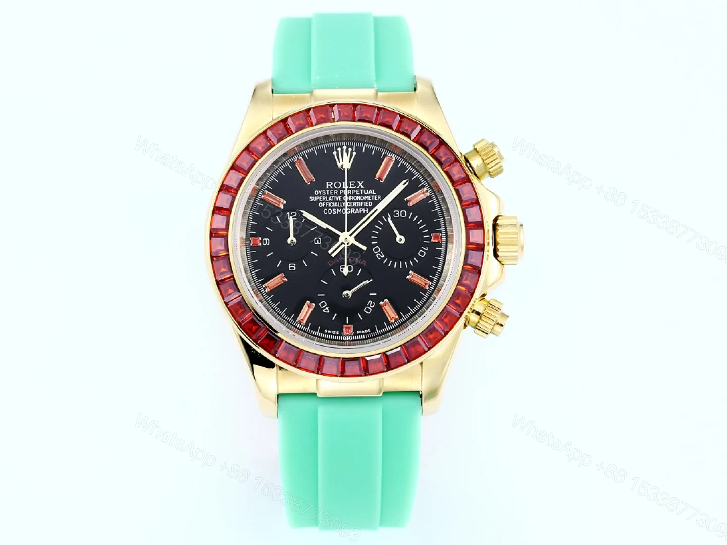 Rolex Daytona Ruby Mint Strap Replica 43MM Exclusive Gold Case Edition RG-ROLEX-DAYTONA-RUBY-MINT-43 — view 1