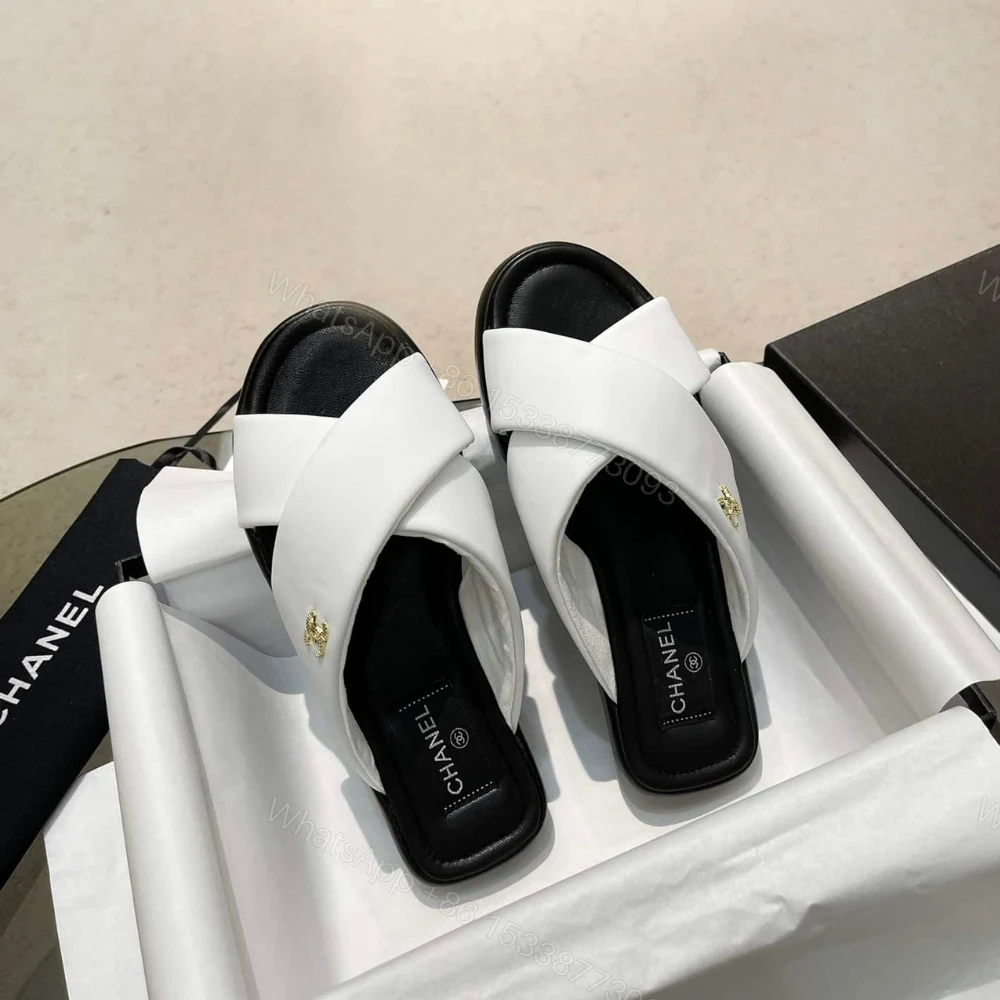 View 2 of Chanel CC Logo Criss Cross Slides White