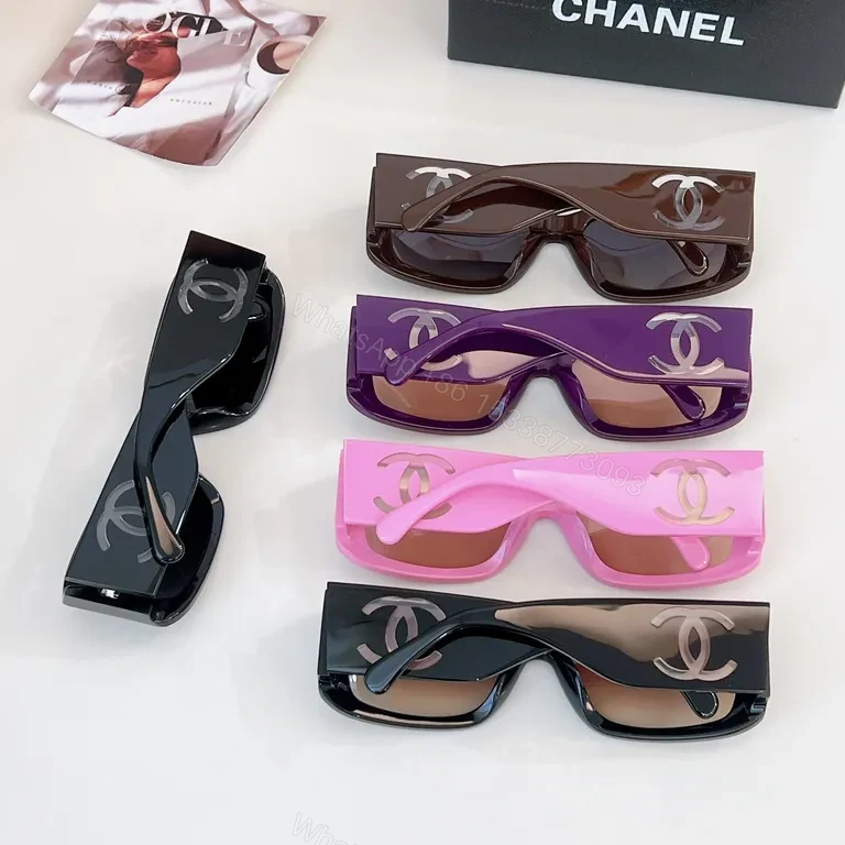 View 5 of Bold Chanel Sunglasses: Black Acetate, Wide Blocky Frames, Logoed Edge