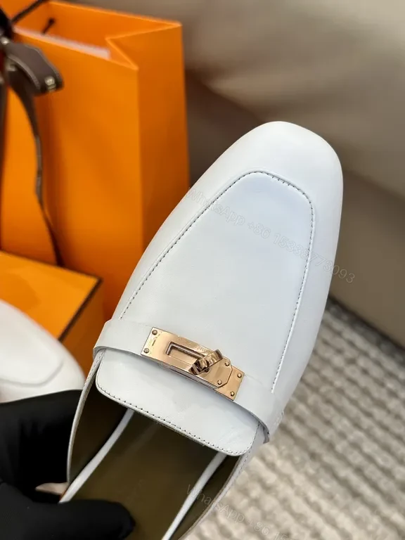 View 5 of White Leather Mule with Gold Horsebit - Premium Calfskin Slip-On
