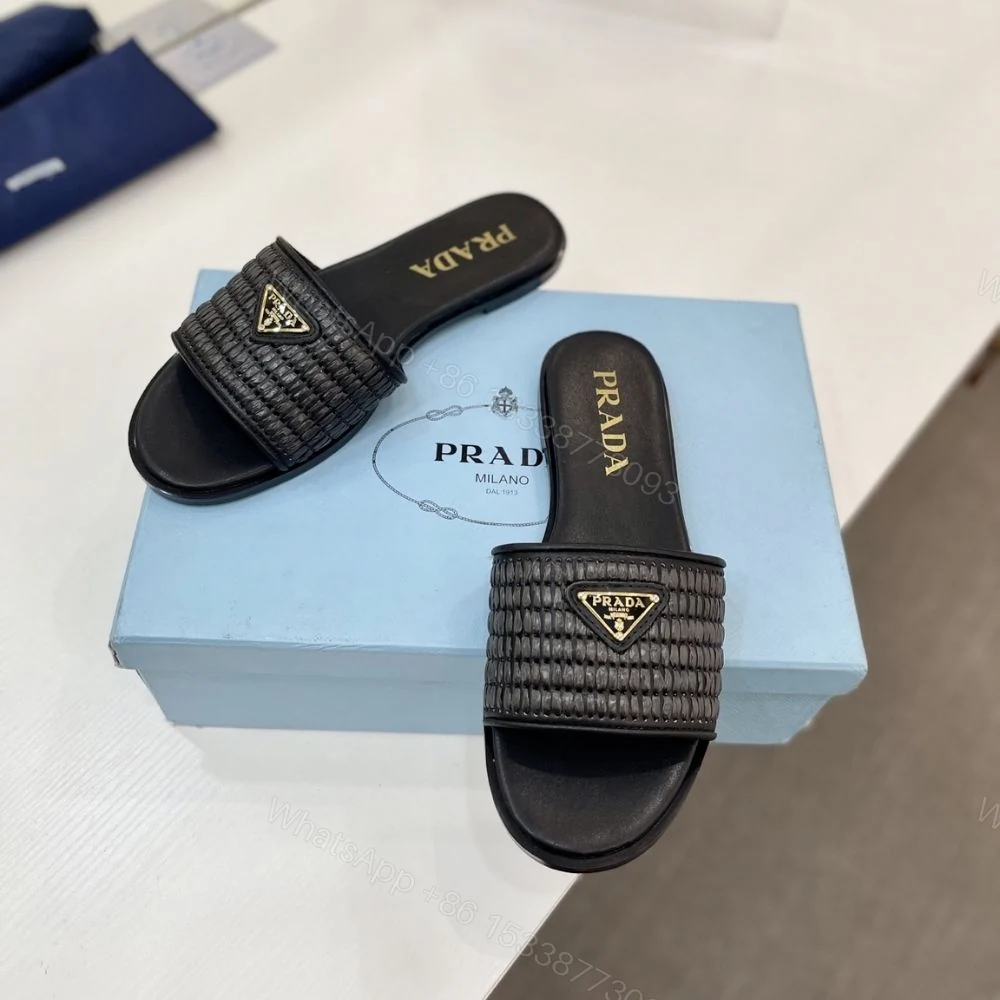 View 6 of Prada Leather Slides With Crochet Details Black