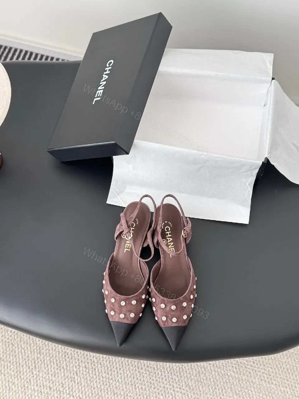 View 2 of Velvet Suede Pearl-Embellished Pointed-Toe Slingbacks