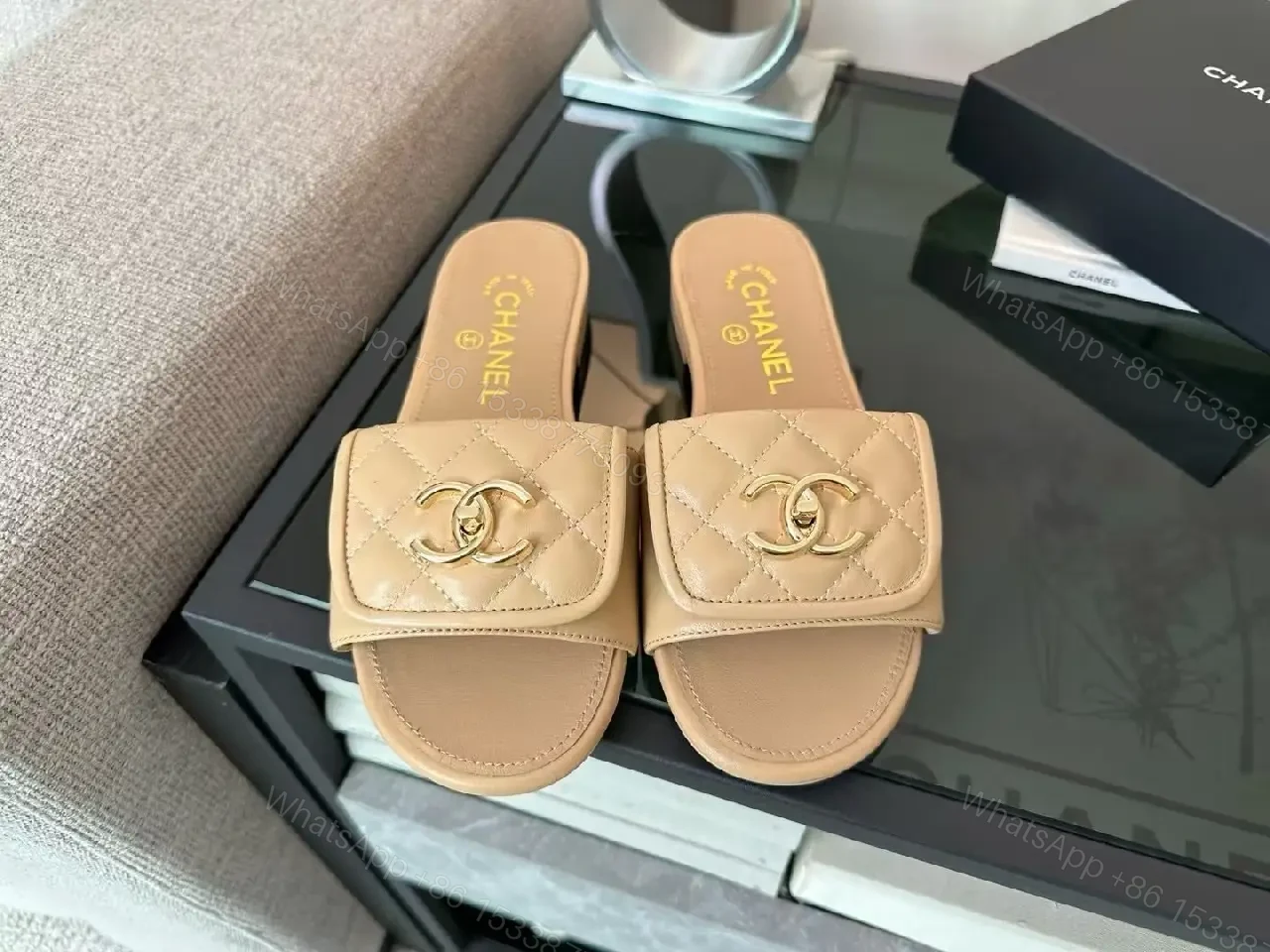 View 7 of Quilted Leather Slide Sandals with Gold Hardware - Luxury Comfort