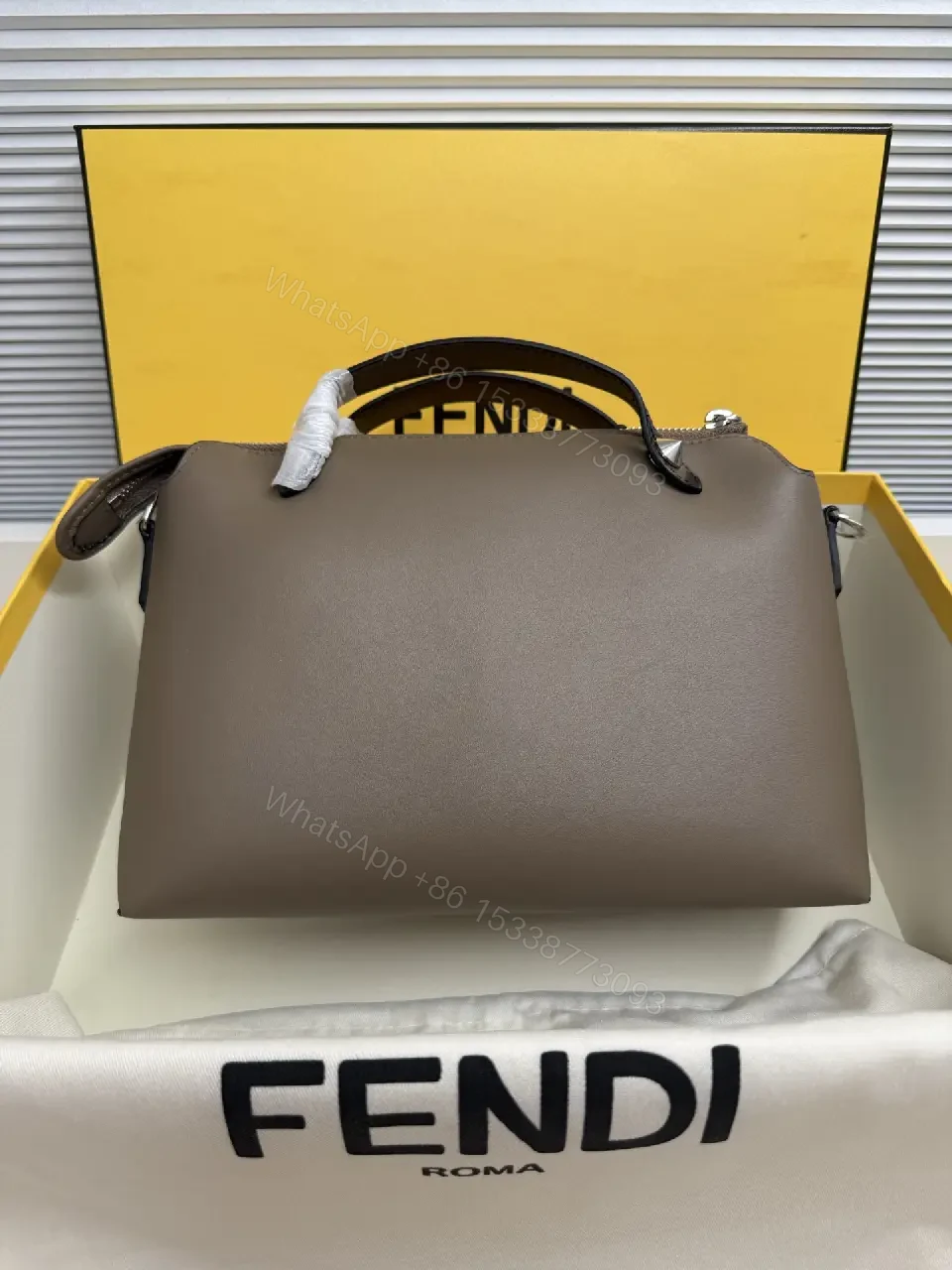 View 3 of Taupe-Gray Leather Handbag: Structured, Fendi Roma Logo Details