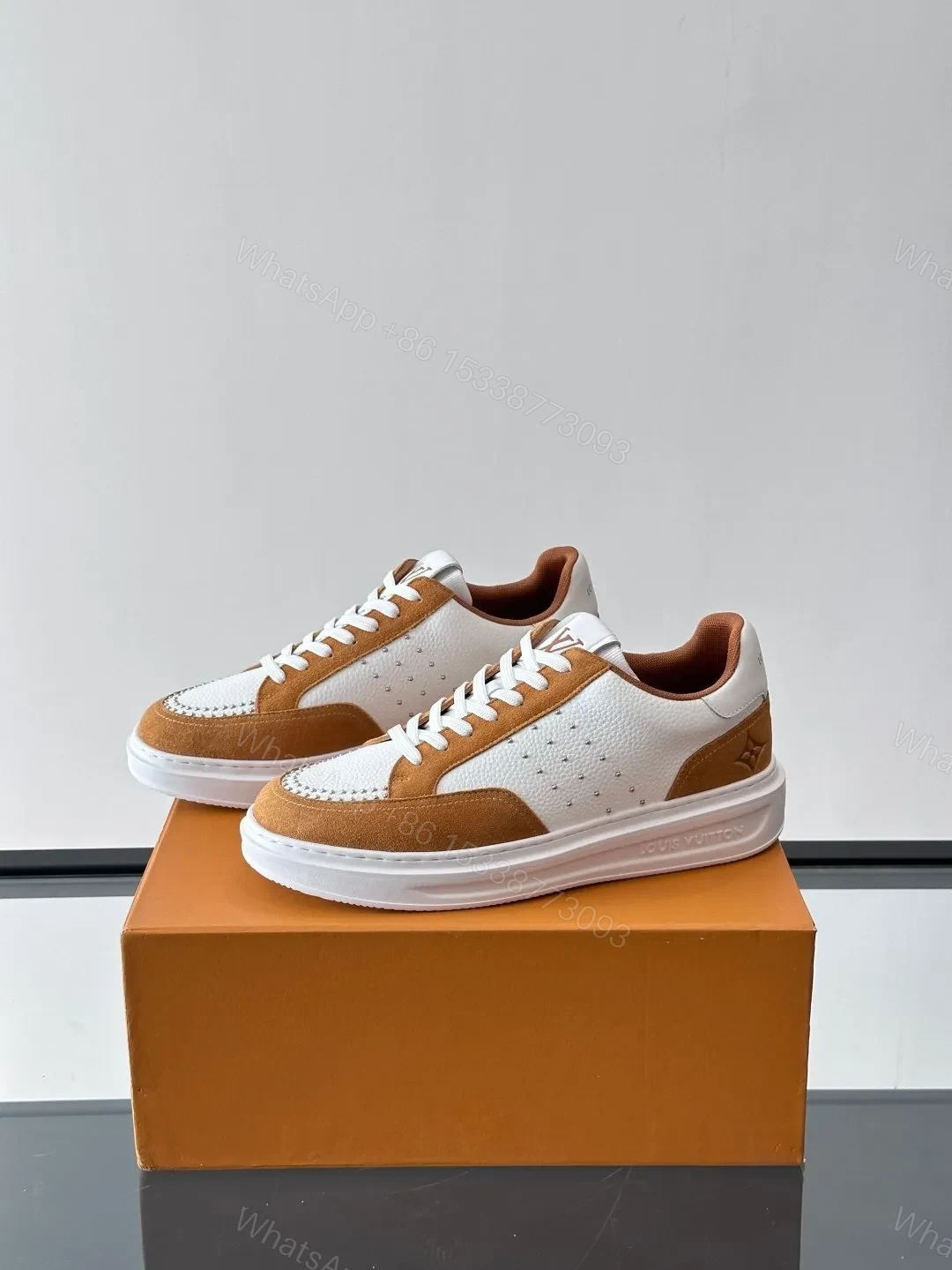 View 3 of LV Men White Brown Suede Leather Sneakers