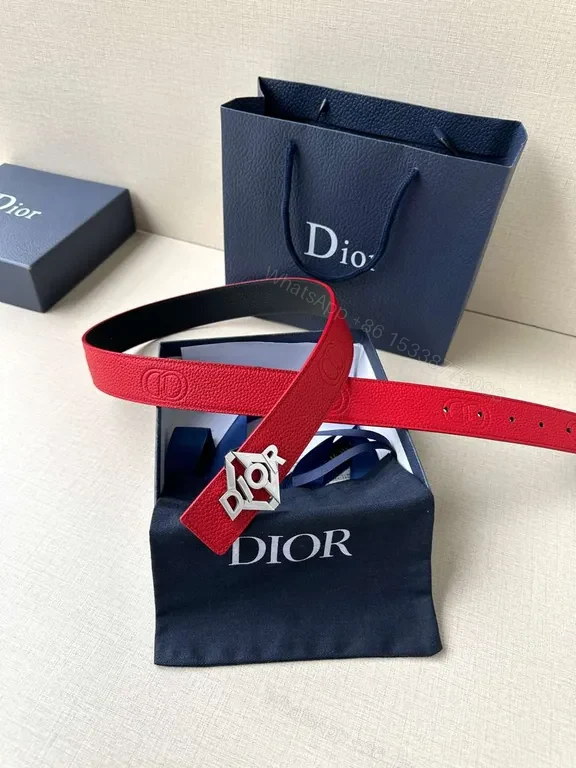 View 6 of Bold Red Leather Belt with Dior Logo Buckle - Statement Luxury Belt