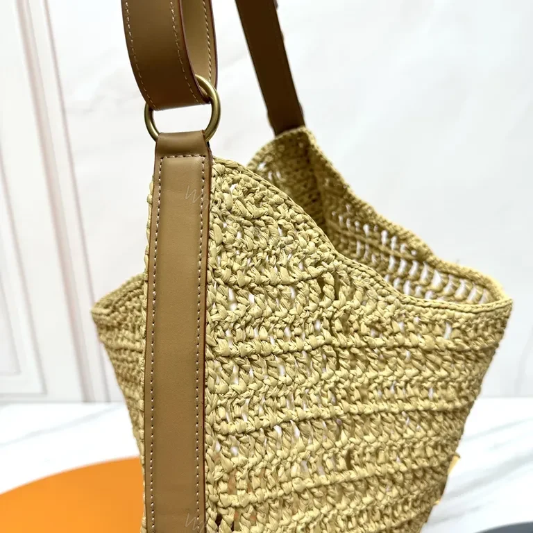 View 8 of Natural Tan Woven Straw Shoulder Bag â€” Luxury, Breathable, YSL Emblem
