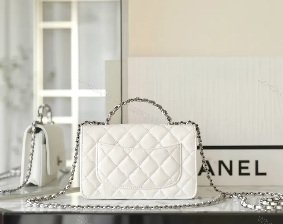 View 8 of Chanel-Inspired Quilted White Mini Bag with Chain Strap