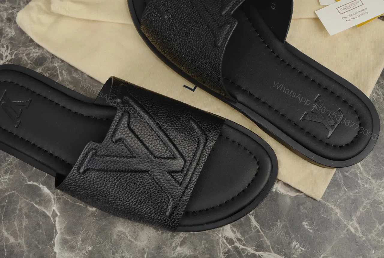 View 5 of Bold Leather Slides with Monogram Texture – Everyday Luxury