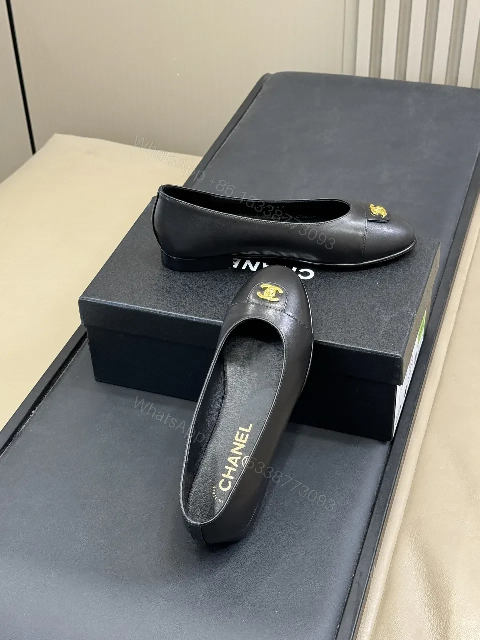 View 5 of Black Leather Ballet Flats with Gold Logo Detail, Comfortable, Dressy Style