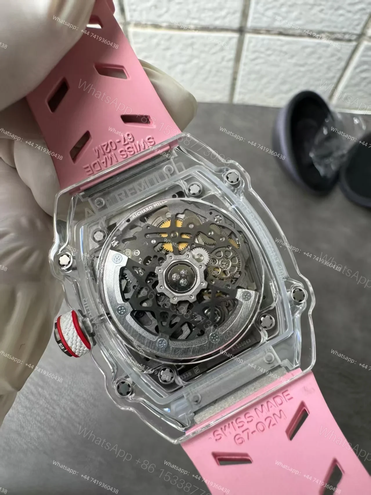 View 14 of Super Clone Richard Mille RM67-02 Sapphire Crystal Skeleton Tourbillon 1:1 Replica Watch with Pink Rubber Strap