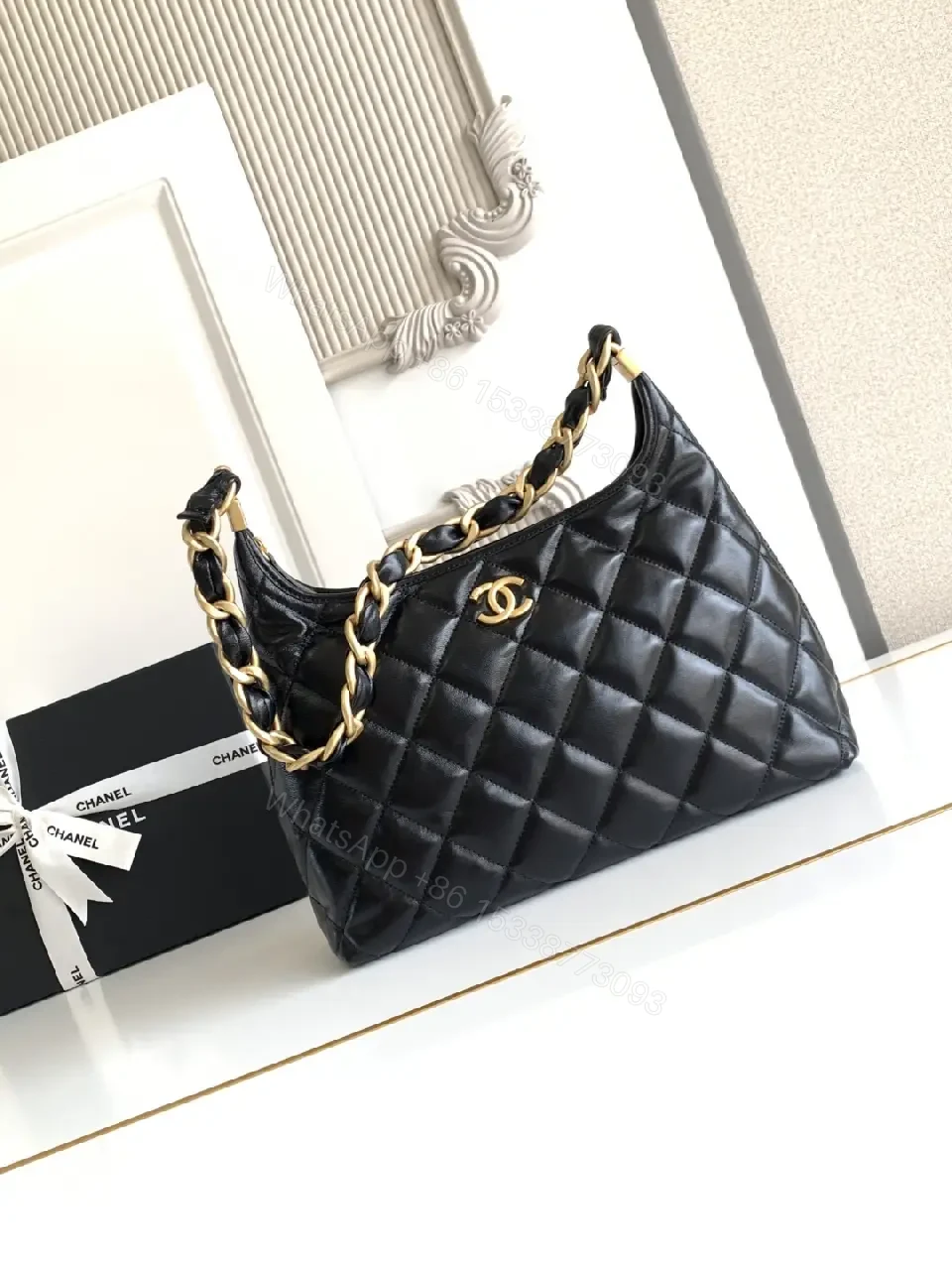 View 4 of Chic Black Quilted Bag with Chain Strap