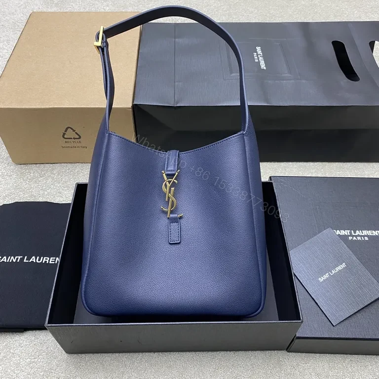 Navy Leather Shoulder Bag: Structured Luxe with Gold-YSL Hardware — view 1