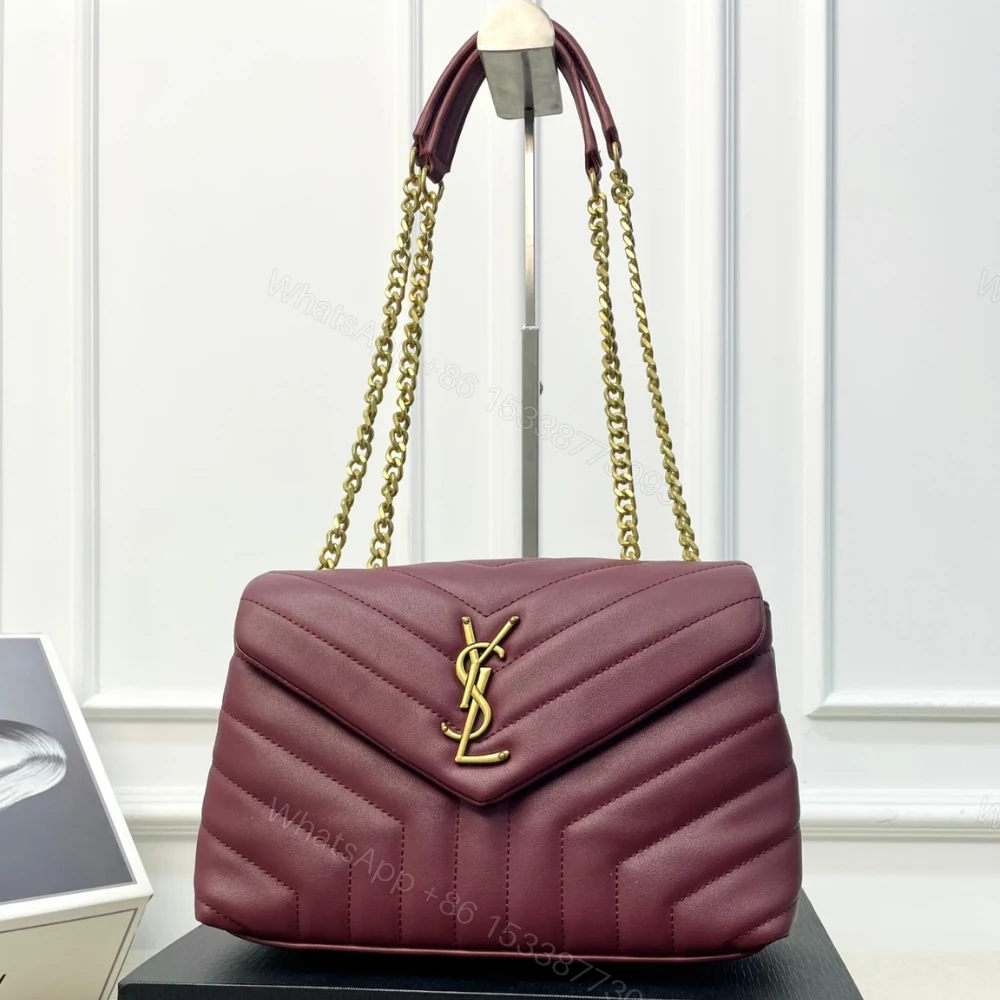 View 2 of Saint Laurent Loulou Medium Chain Bag In Matelassé Y Burgundy Gold 26Cm