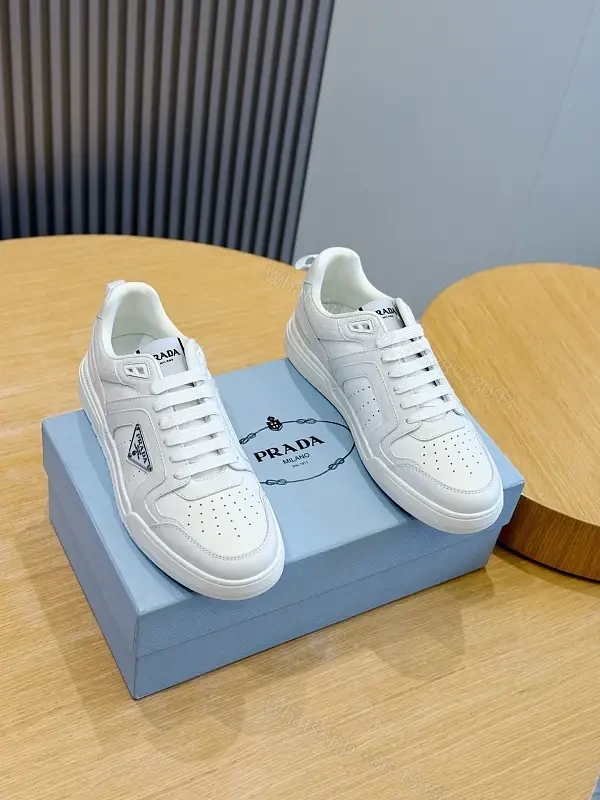 White Leather Sneakers Minimalist Cushioning Prada Style Sneakers — view 1